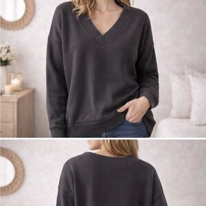 Felina Waffle Knit V-Neck Sweatshirt — Charcoal Gray — Size Large